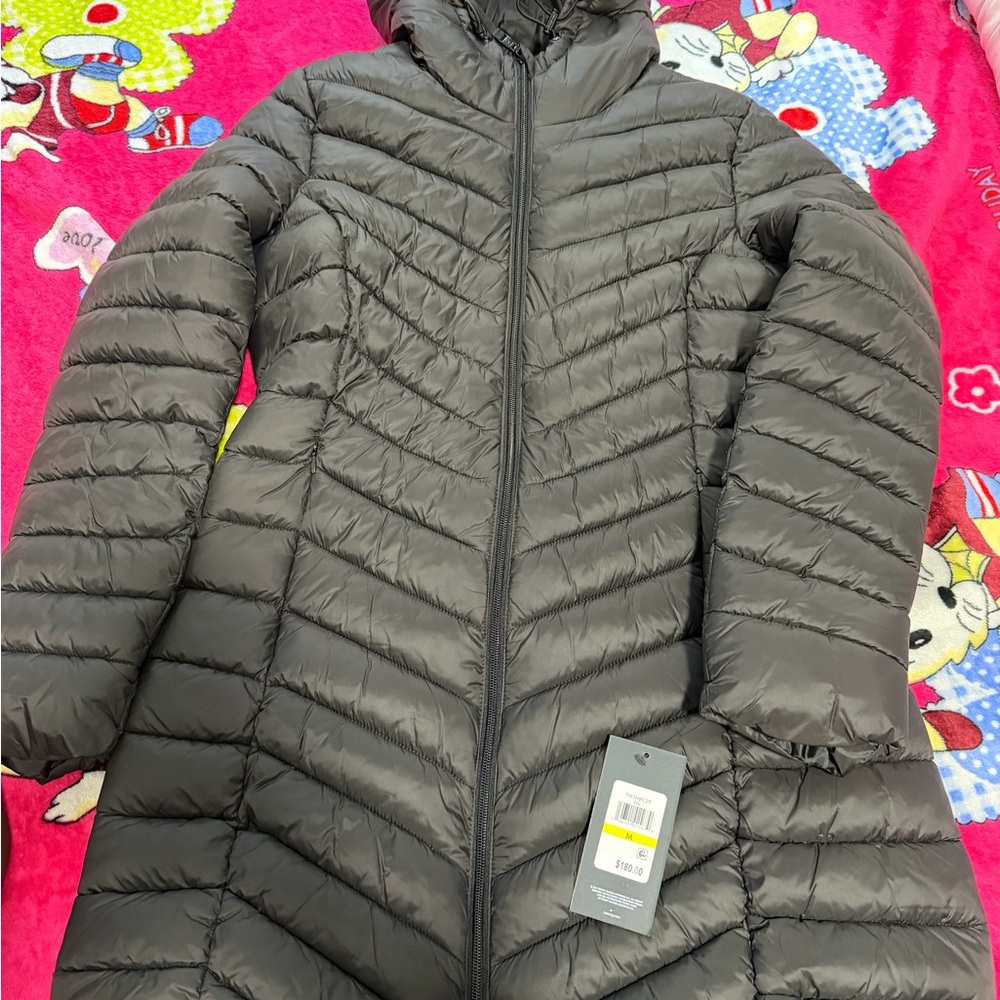 Long Black Chevron Quilted Women's Puffer Coat